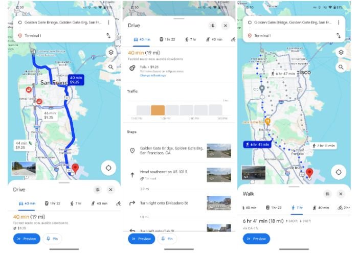 O novo layout pode ser notado na pesquisa por rotas e em outras funções do Maps. (Imagem: (9to5Google/Reprodução)