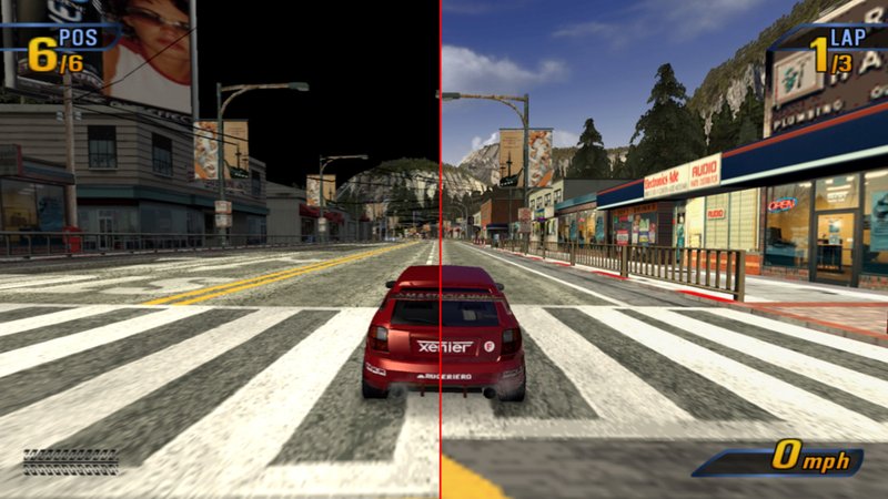 Game de corrida Burnout após rodando no PCSX2 2.0 após a adição de texturas extras.