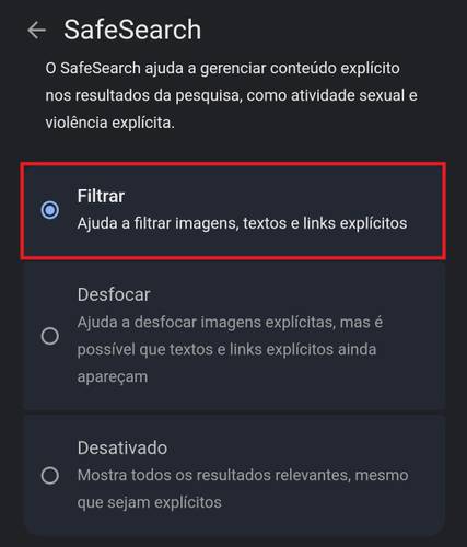 Selecionando a opção "Filtrar" os sites considerados impróprios ficarão de fora da busca.