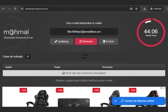 Mohmal exibe contagem regressiva para o e-mail temporário expirar.