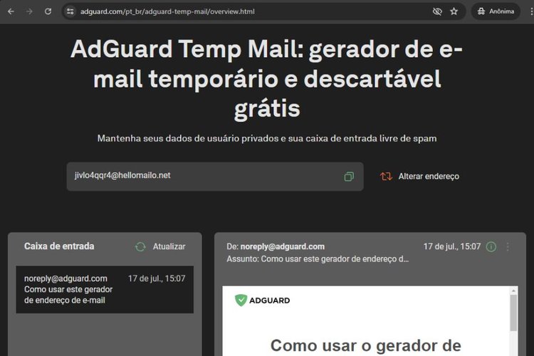 Homepage do servidor de e-mail descartável AdGuard.