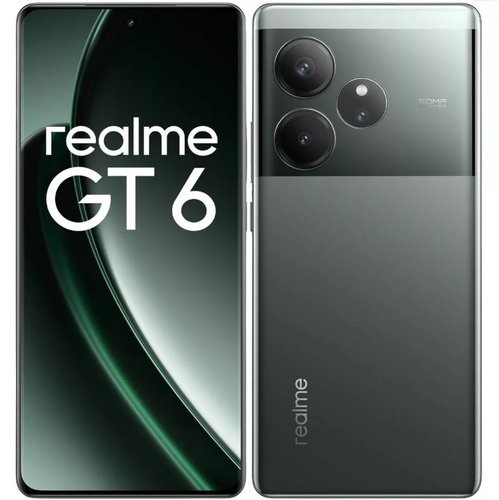 O Realme GT 6 na cor verde-escuro.