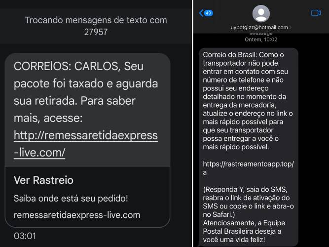 Exemplos de mensagens envidas pelos golpistas. (Imagem: TecMundo)