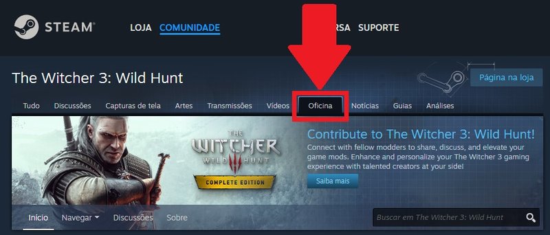 É preciso clicar na aba "Oficina" para encontrar os mods disponíveis na Steam.