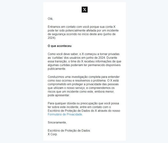 O email enviado pelo X para usuários potencialmente afetados. (Imagem: X/Reprodução)