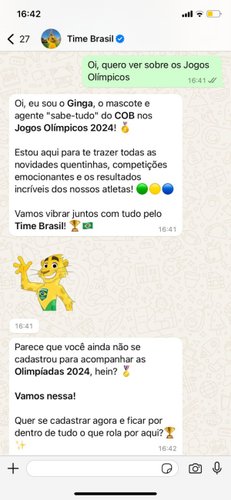 O chatbot do Time Brasil está disponível no WhatsApp.