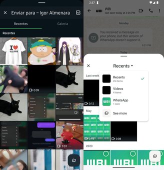 O novo design do seletor de mídia do WhatsApp (à direita) é mais moderno e intuitivo que a versão anterior (à esquerda), mas com as mesmas funções.