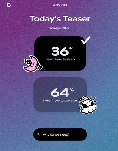 O Google Discover oferece uma enquete diária com uma pergunta divertida para interagir com usuários. (Imagem: Google/Reprodução)