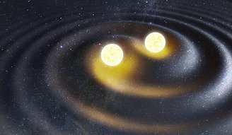 Representação artística da colisão de duas estrelas de nêutrons que produzem ondas gravitacionais.