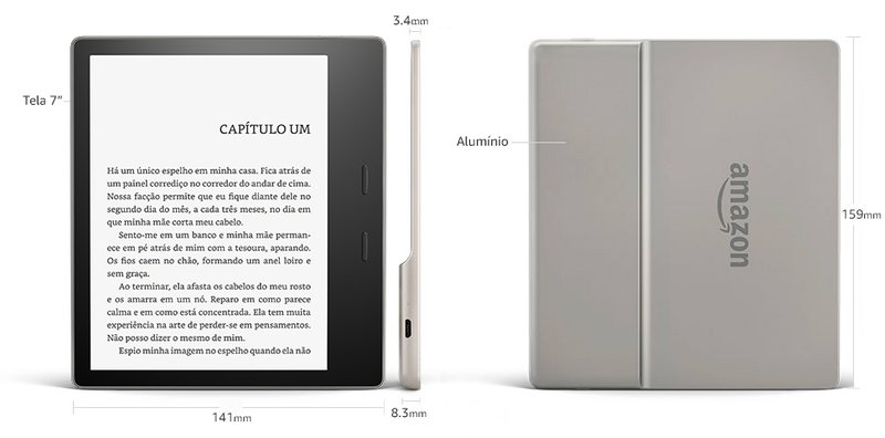 O dispositivo Kindle Oasis vem com botões na lateral para fazer a passagem de páginas.