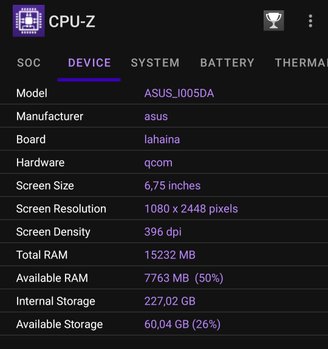 Em "Device" é possível visualizar detalhes dos componentes do seu smartphone.