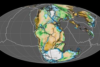 Representação dos antigos continentes de Pannotia, Gondwana e Pangea.