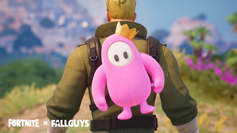 Acessório para as costas Rosa de Pelúcia, item da colaboração entre Fall Guys e Fortnite.