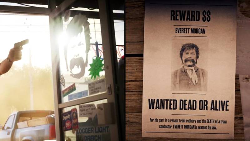 Rosto de Everett Morgan no vidro da loja de conveniência à esquerda e seu cartaz de procurado em Red Dead Online à direita.