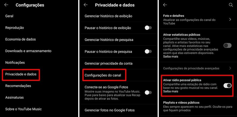 Ativando a rádio pessoal no app.