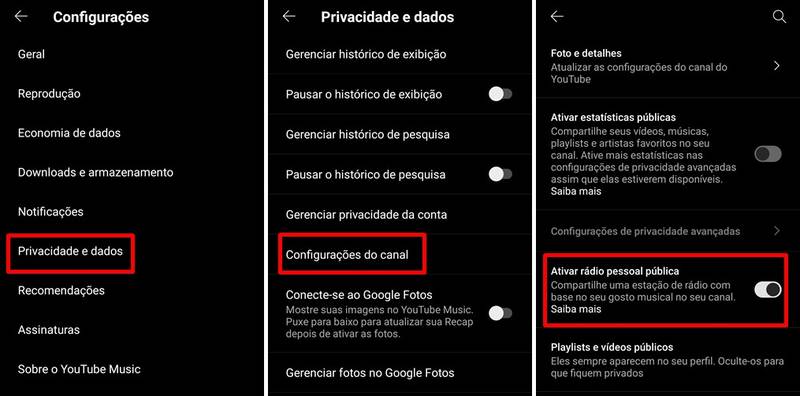 Ativando a rádio pessoal no app.