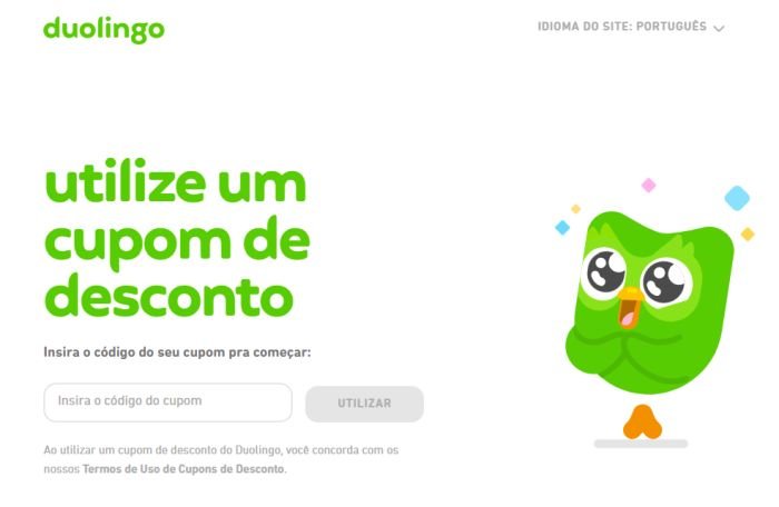 Página de resgate do cupom para os três meses grátis do Super Duolingo.