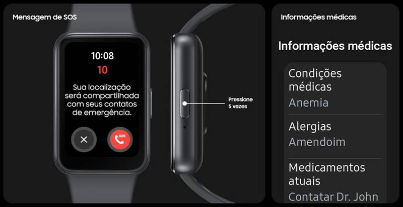 O Galaxy Fit3 tem detecção de queda e alerta SOS para facilitar o pedido de socorro em caso de acidentes.