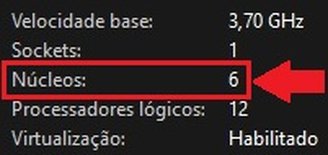 A quantidade de núcleos do seu processador é indicado pelo número ao lado.