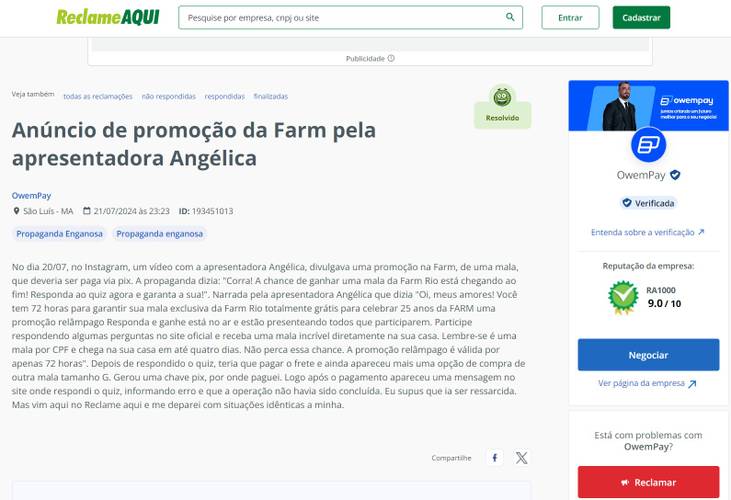 A OwemPay devolveu o dinheiro da vítima no mesmo dia.