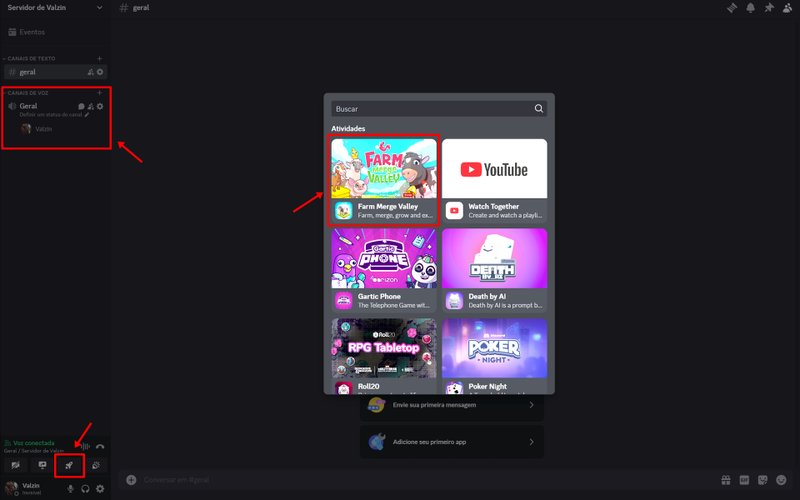 Depois de criar o servidor, entre em algum canal de voz para aparecer a opção de um foguetinho no canto inferior esquerdo da tela. Clique nele para abrir a aba de jogos e, em seguida, selecione Farm