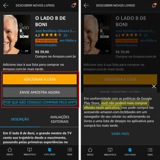 O app do Kindle no Android sem o botão de compra. (Imagem: Nilton Kleina/TecMundo)