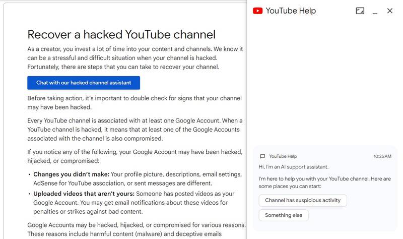 O chat com o YouTube para recuperar canais hackeados.