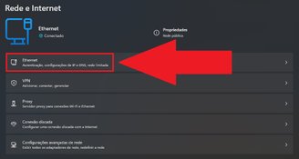 Clique na opção "Ethernet" para acessar opções da rede.