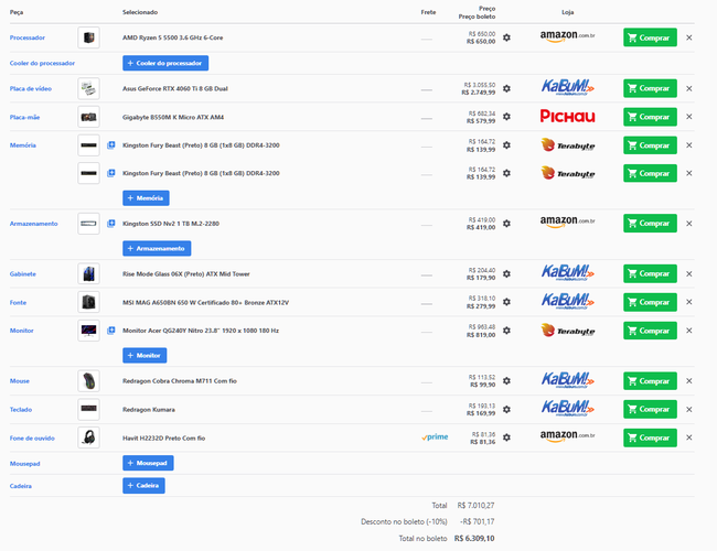 Somatório completo do PC com os periféricos