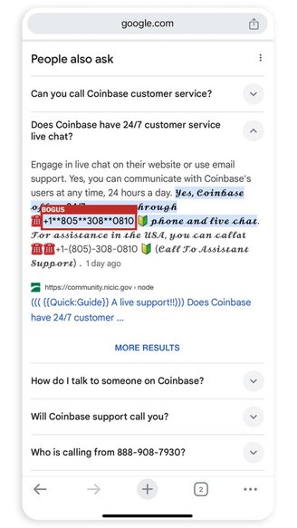 Número falso da central de atendimento da Coinbase exibido nos resultados do Google. (Imagem: The Washington Post/Reprodução)