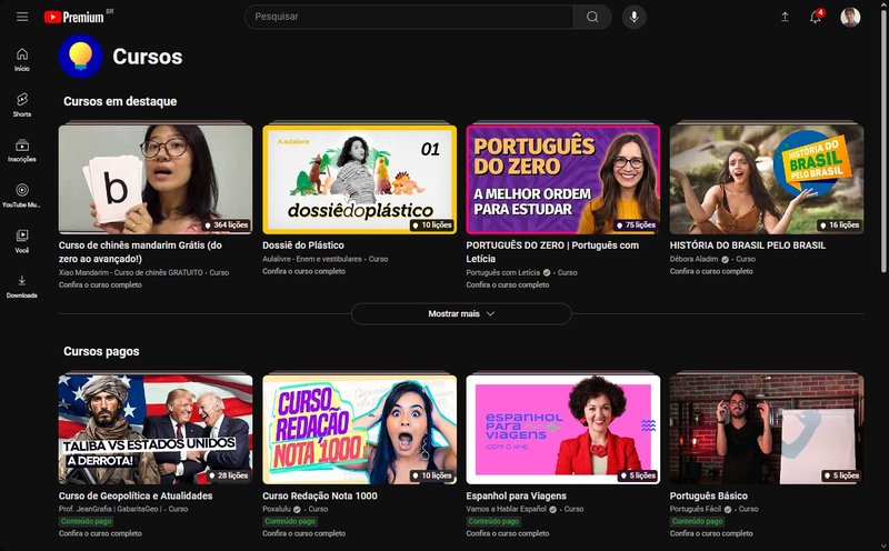 A página de Cursos do YouTube no Brasil.