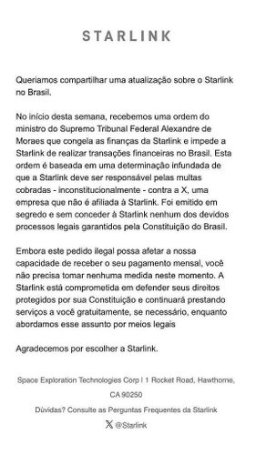 A carta enviada pela Starlink.