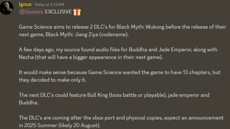 Insider Lunatic Ignus sugeriu em seu canal no Discord que Black Myth Wukong pode ter dois DLCs antes do próximo game, que está sendo chamado de Black Myth Jiang Ziya.