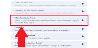 É preciso desde a tela para encontrar o item 7: "Consultar situação eleitoral".