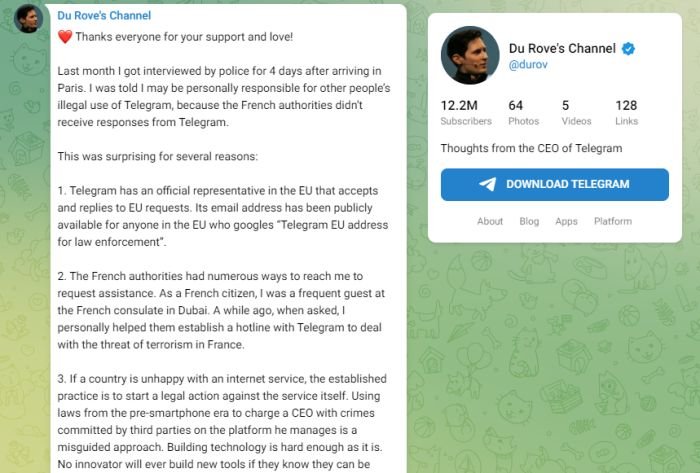 Pavel Durov se manifestou em seu canal oficial no Telegram.