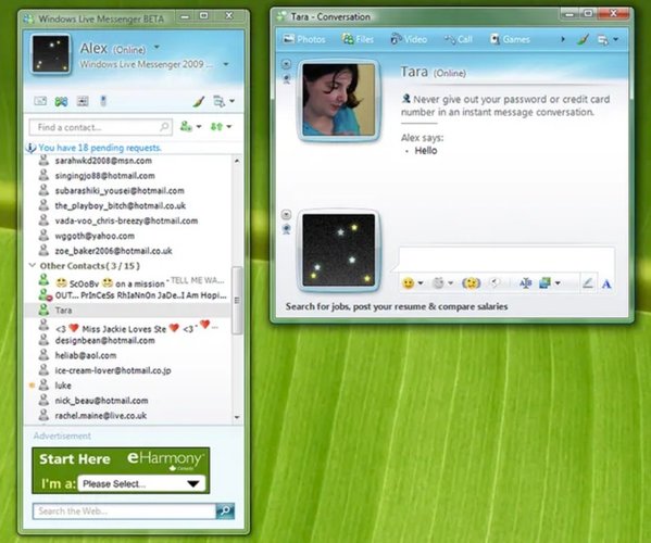 A tela de contatos e o chat do MSN.