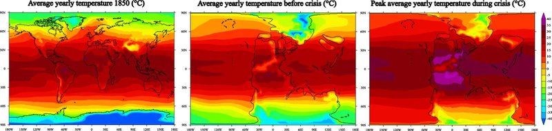 Comparação da temperatura média anual da superfície (graus Celsius) no período pré-industrial, no período pré-crise do fim do Permiano, e durante a crise.