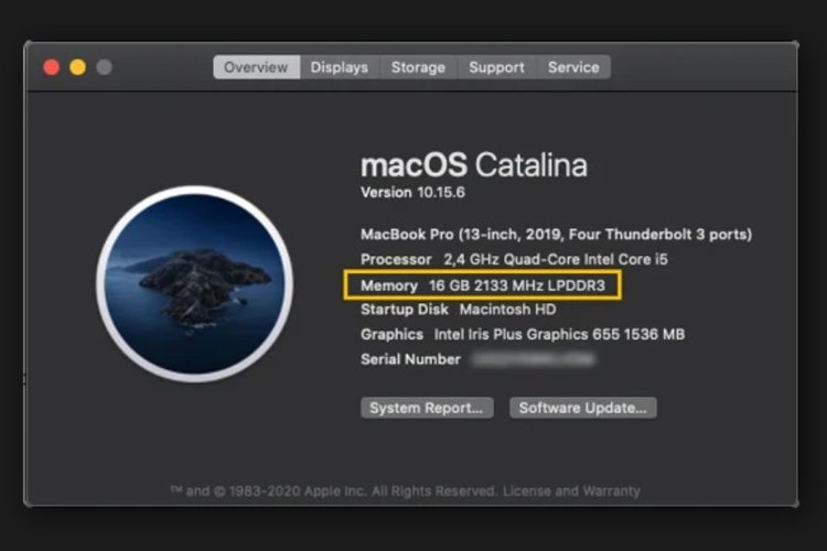 Exemplo de um notebook Mac com 16 GB de memória RAM, frequência de 2133 MHz, do tipo LPDDR3.