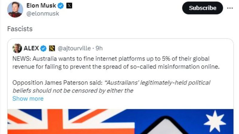 A postagem de Musk criticando a lei australiana.