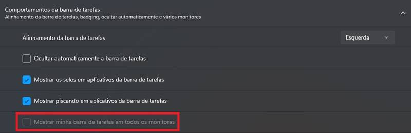 Ativando a opção, a barra de tarefas fica visível em todos os monitores utilizados.