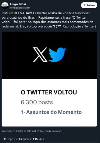 O suposto retorno até virou trending topic na rede social.