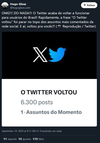 O suposto retorno até virou trending topic na rede social.