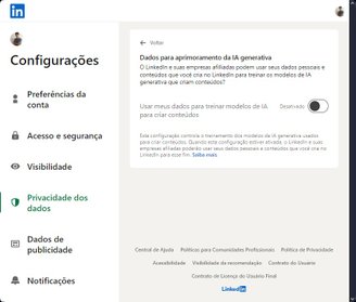 A opção do LinkedIn fica ativada por padrão e só pode ser desligada manualmente.