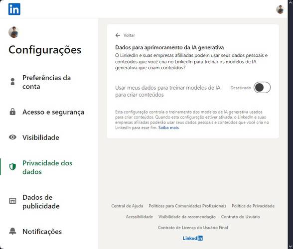 A opção do LinkedIn fica ativada por padrão e só pode ser desligada manualmente.
