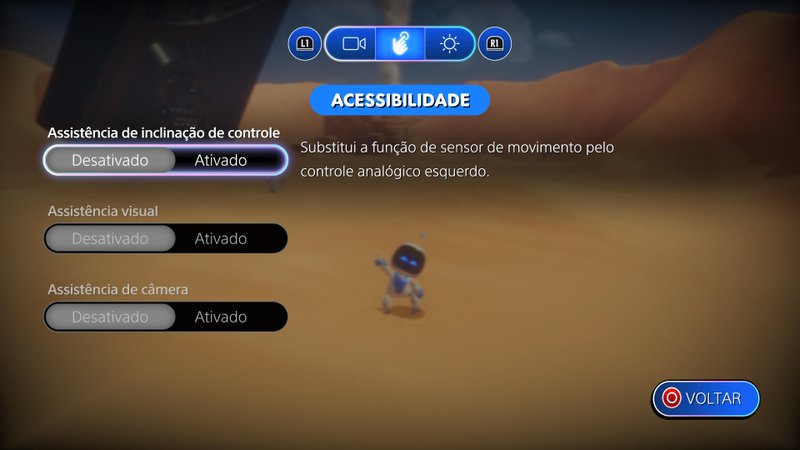 Menus de acessibilidade do jogo ASTRO BOT