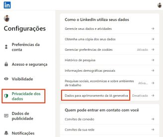 O caminho para desabilitar o treinamento de dados.