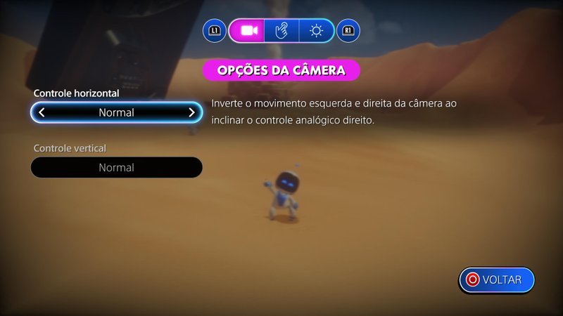 Menus dos controles do jogo ASTRO BOT