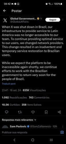 A plataforma afirma estar colaborando com autoridades brasileiras para restabelecer a rede no Brasil.