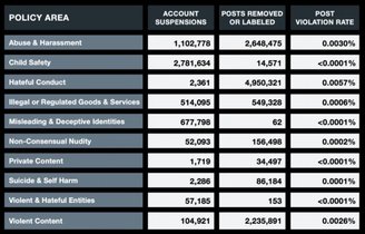 A tabela com contas suspensas e posts sinalizados ou apagados no primeiro semestre de 2024.