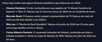 A resposta acima está errada em diferentes aspectos, incluindo a menção do ator britânico Chance Perdomo entre brasileiros.